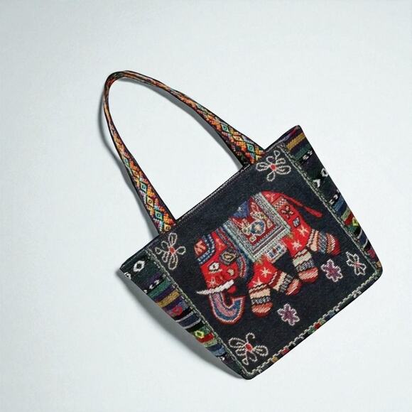 Black Elephant Embroidered Tote Bag Jacquard Fabric Boho - Picture 12 of 13